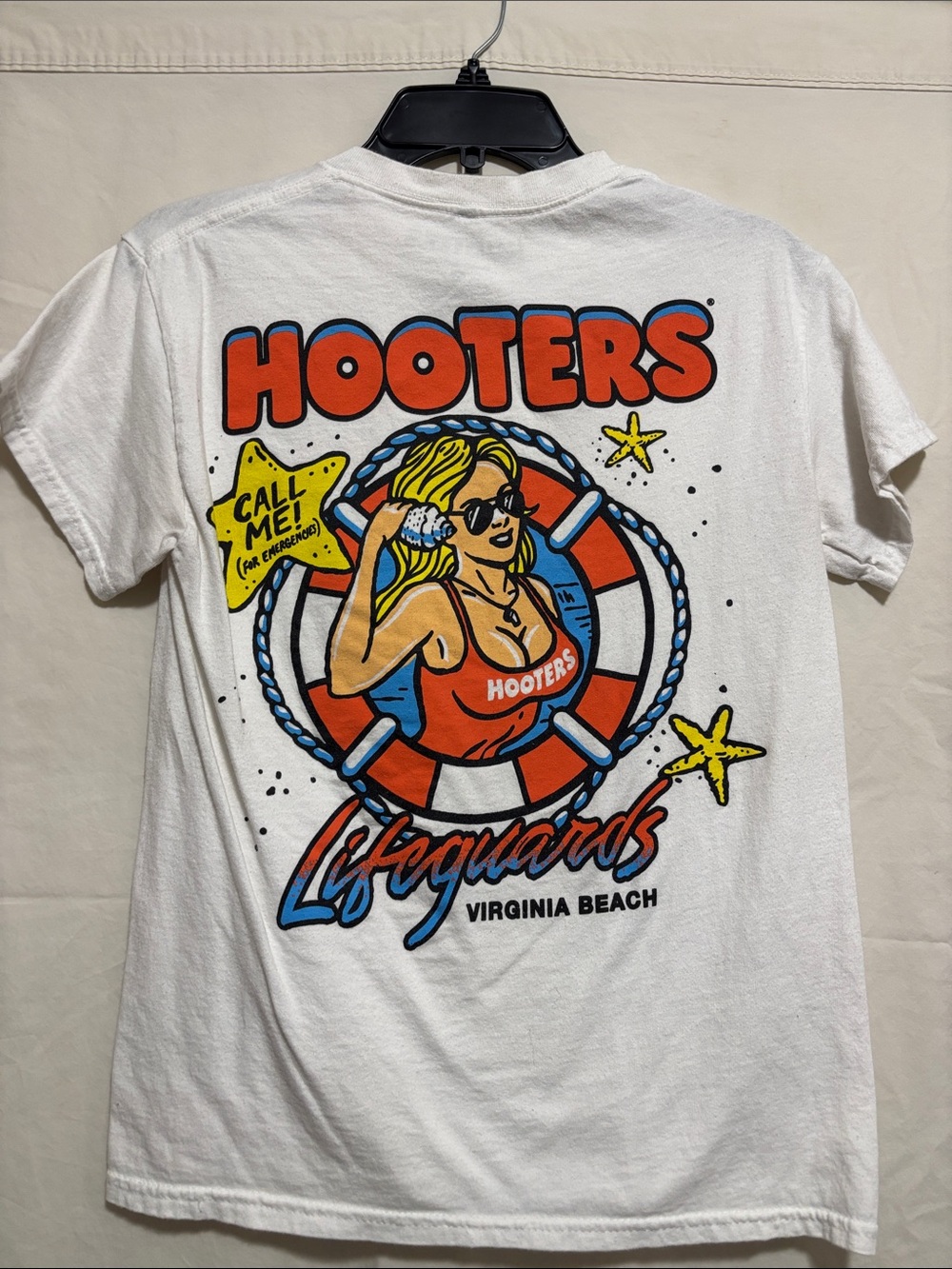 Hooters White Tee with Orange & Blue Lifeguard Graphic Youth Small